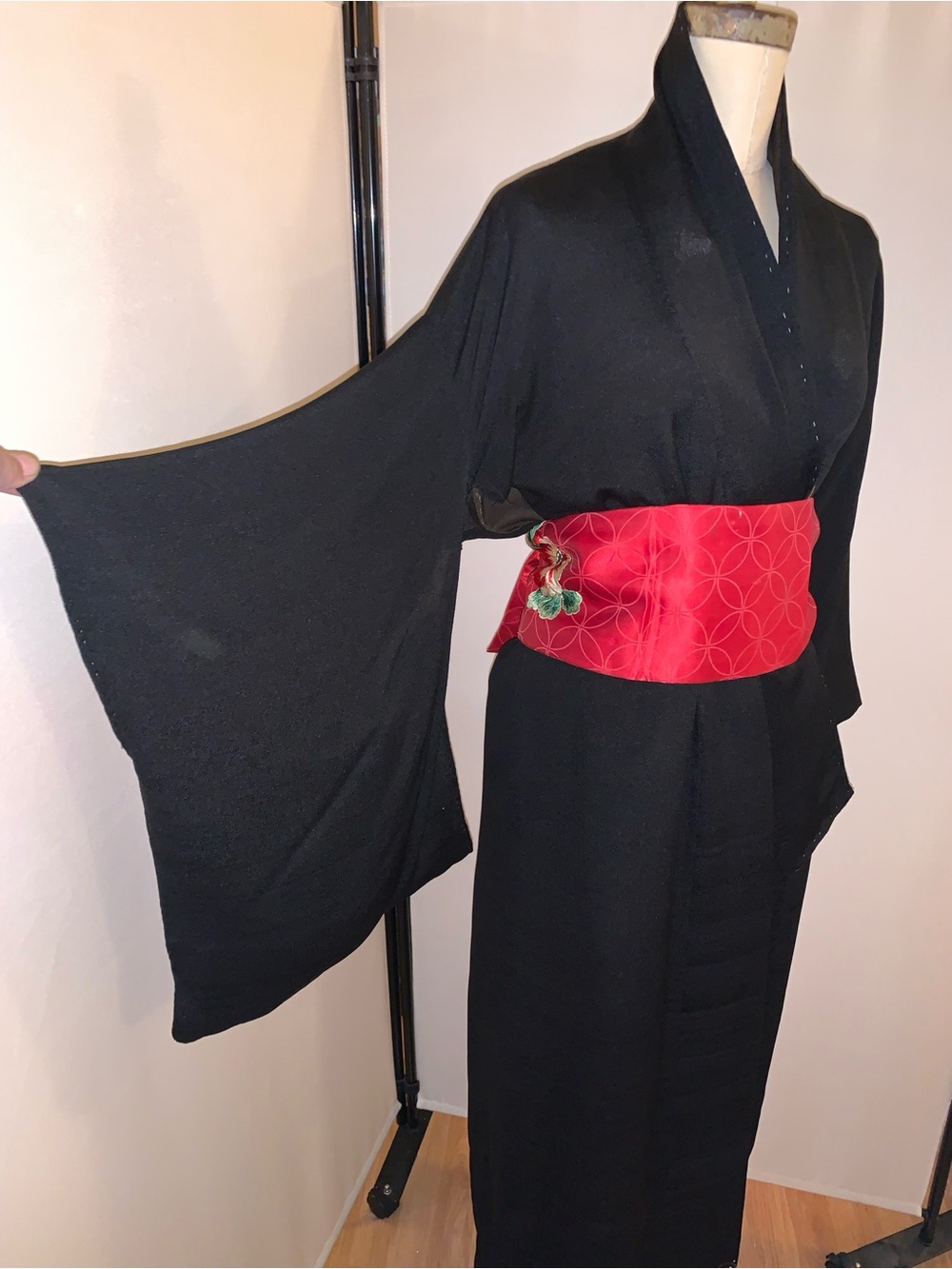 Vintage Black silk Kimono w Red Obi Belt